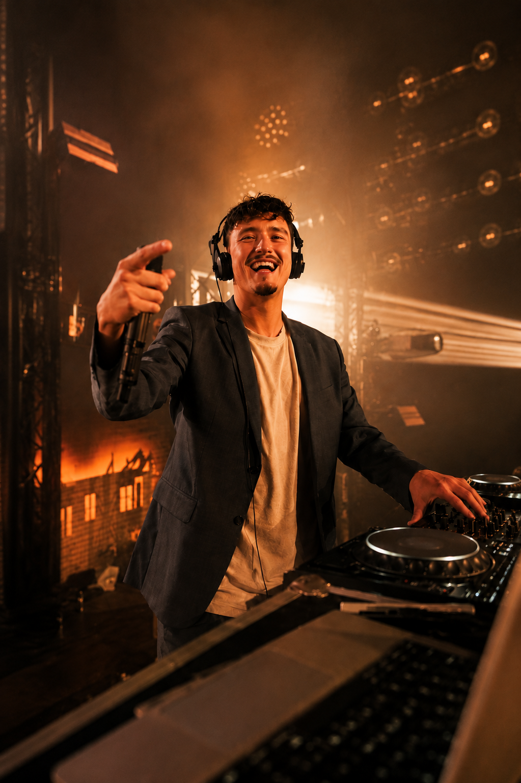 Ein lächelnder Event-DJ mit Kopfhörern hinter einem Mischpult auf der Bühne am Tegernsee.